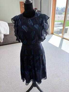 BCBGMaxAzria Navy Blue Printed Ruffle Sleeve Midi Dress